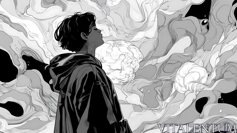 Solitary figure amid swirling monochrome cosmic clouds.