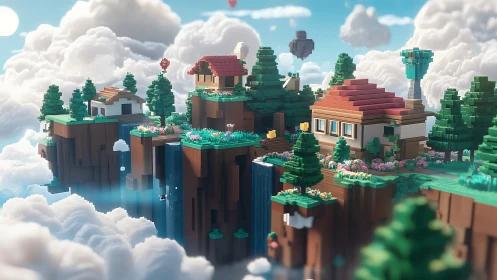 Pixel Art Floating Islands with Cottages and Clouds