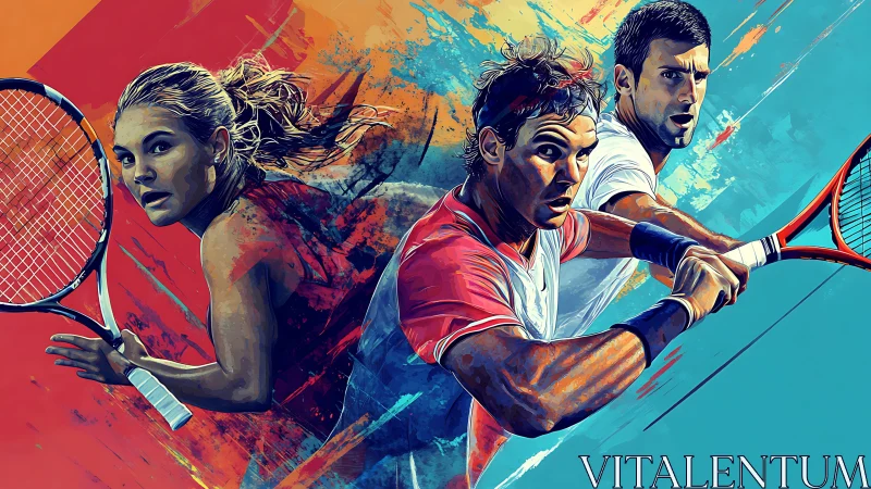 Dynamic tennis players painted in bold expressive strokes