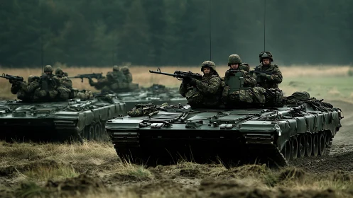 Armored platoon maneuver with mounted infantry under low overcast.