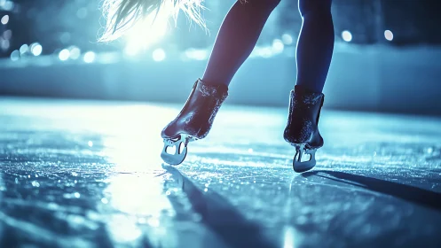 Figure skates on illuminated ice rink surface at night.