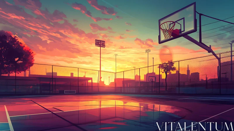 Sunset court glow where city hoops quietly wait for night.