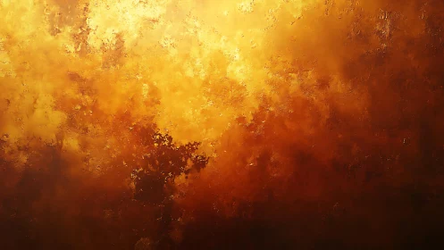 Fiery Abstract Landscape Painting with Warm Golden and Orange Tones.