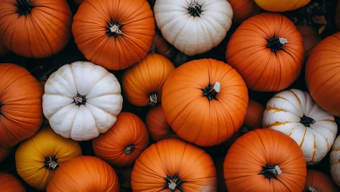 Mixed orange and white pumpkins create dense autumn pattern
