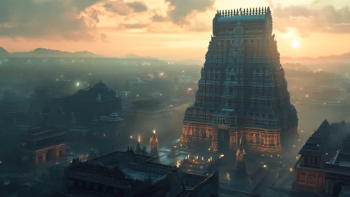 Sunlit temple tower rises over dense misty cityscape