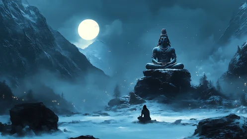 Moonlit Shiva dreamscape hushes the mountains into prayer