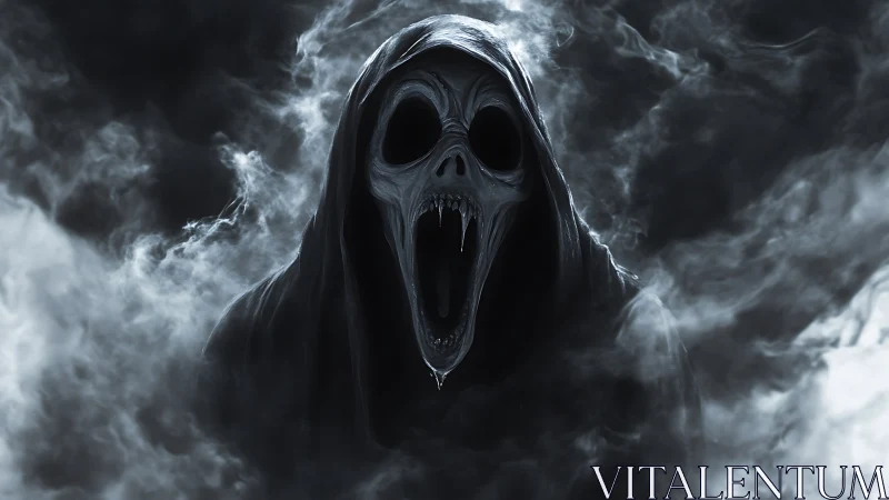 Spectral wraith with skeletal visage emerging from dense fog