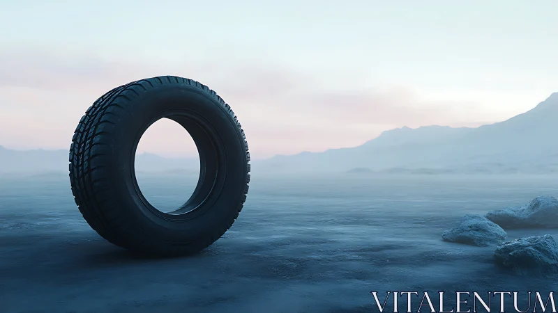 Solitary all-terrain tire in misty frozen landscape study.
