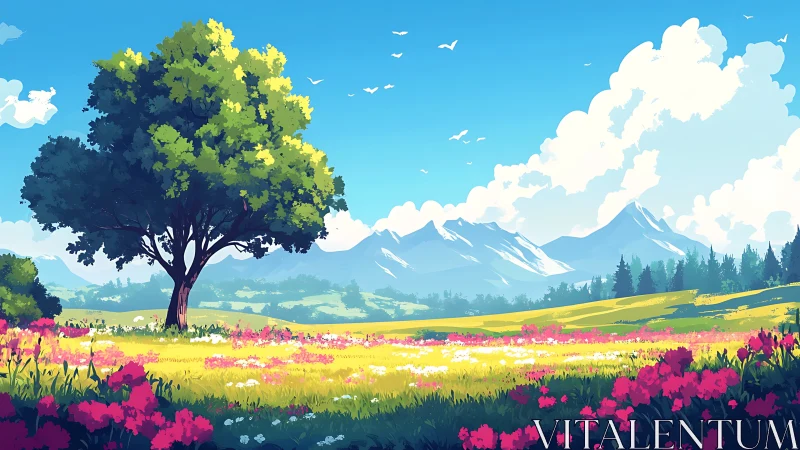 Single tree stands in bright meadow before distant mountains