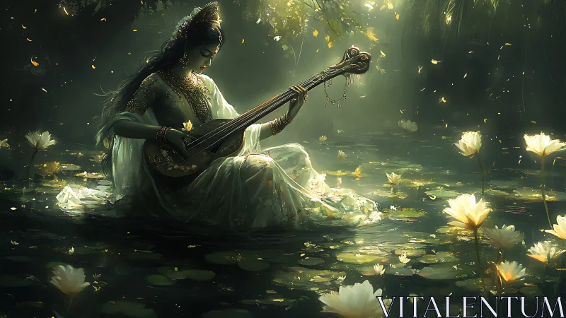 Luminous lotus goddess strums a river of quiet starlight.