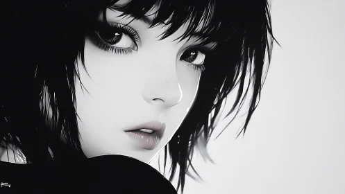 Monochrome gaze of a freckled girl in inky near-silence.