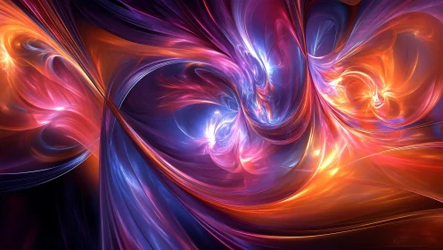 Fractal light forms with swirling orange, pink and blue arcs.