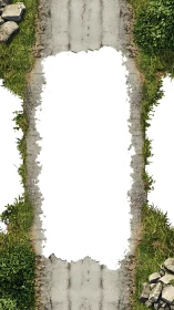 Vertical cracked concrete road frame with grass border.