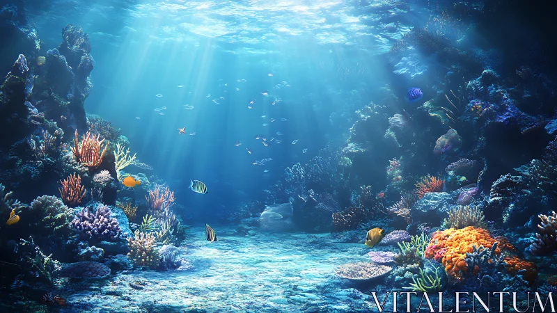 Sunlit coral reef scene with colorful tropical fish life.