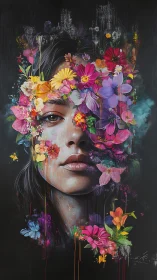 Floral portrait merges human emotion with vivid blooming chaos