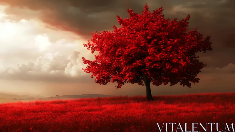 Crimson lone tree blazing against brooding stormlit horizon.