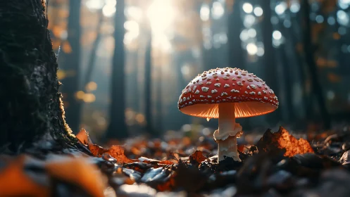 Forest spotlight on a glowing red toadstool at dawn.