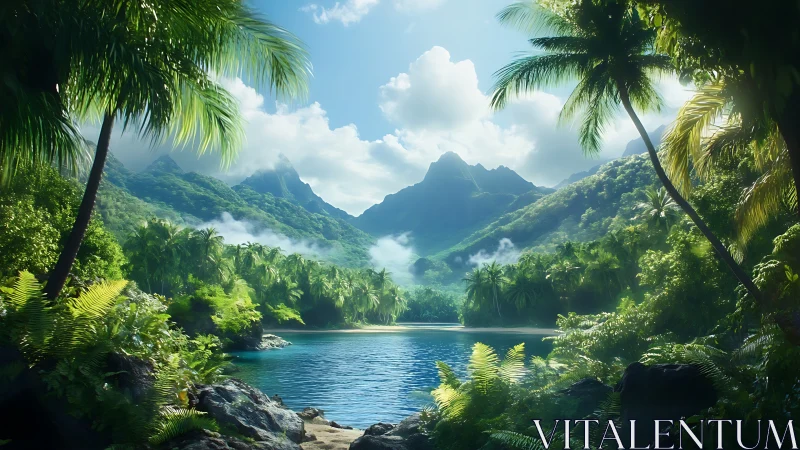 Hidden tropical lagoon cradled by misty emerald peaks.
