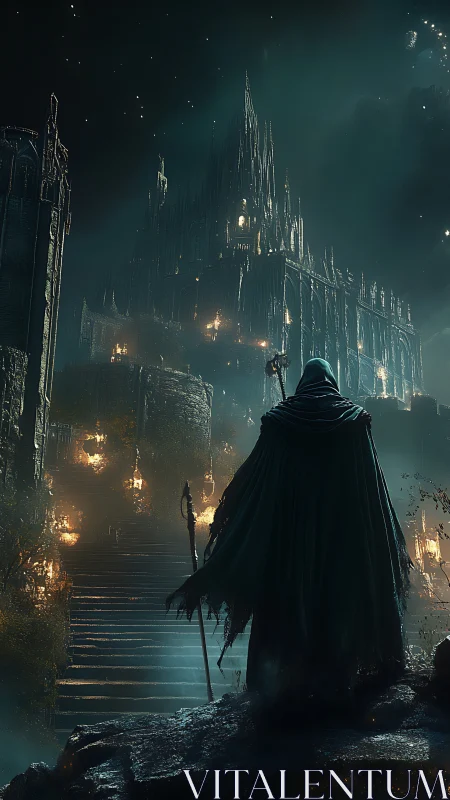 Cloaked sorcerer before towering gothic citadel at night