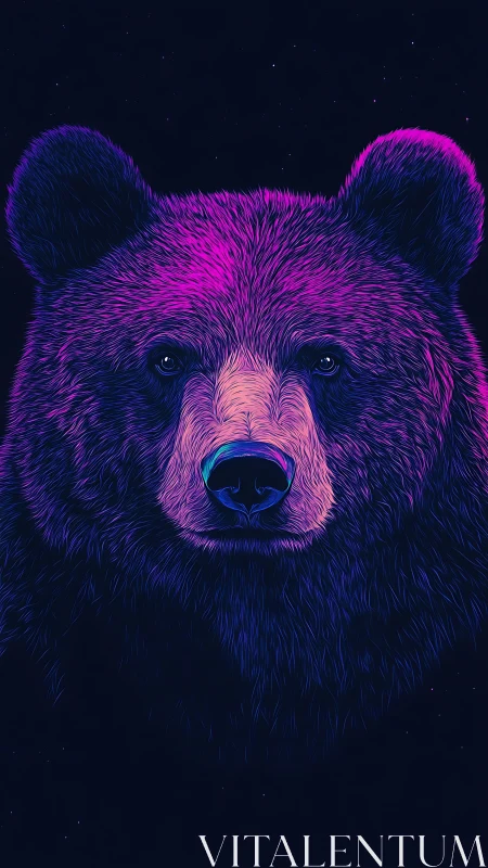 Neon bear portrait glows against deep cosmic night sky.