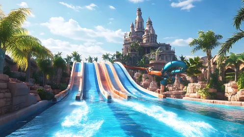 Theme Park Water Slide Complex with Castle Structure.