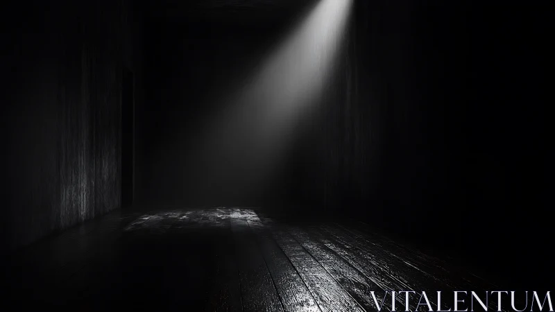 Single spotlight cutting darkness in empty wooden room.