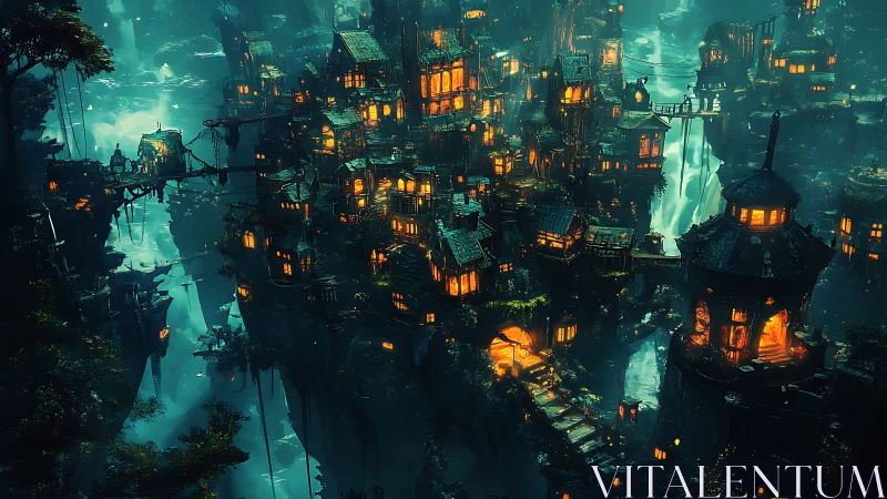 Lanternlit cliff city dreaming above turquoise waterfalls.