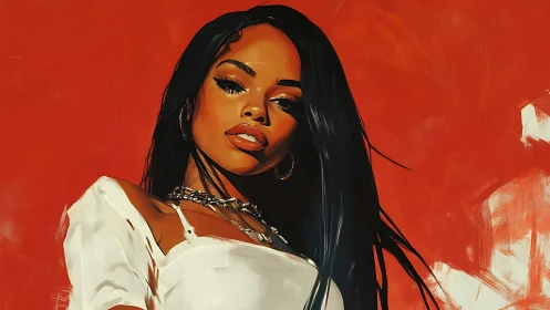 Digital portrait of woman against flat red painted backdrop