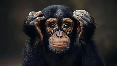 Wide-eyed baby chimp holds its curious thoughts in silence.
