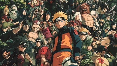 Naruto character ensemble stands in dense forest battle pose