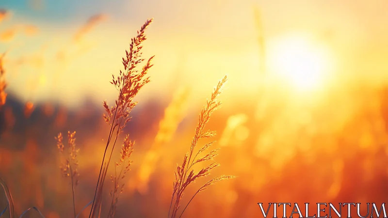 Golden backlit meadow grasses in radiant sunset glow.