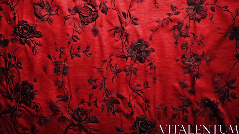 Crimson satin surface with black embroidered rose tracery.
