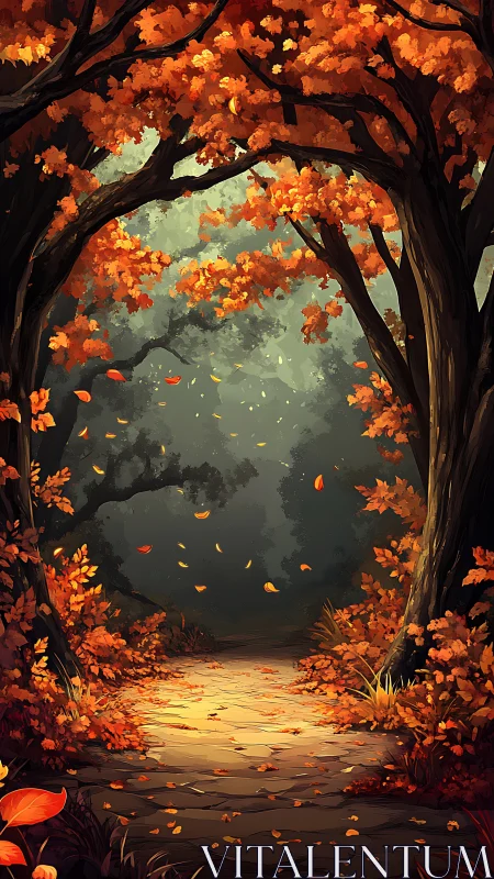 Autumn forest tunnel with luminescent pathway and falling foliage