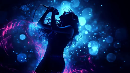Backlit spectral vocalist in neon bokeh acoustic field.