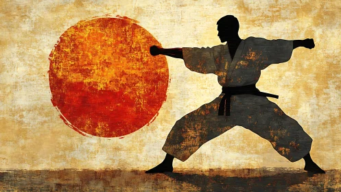 Karate silhouette confronts textured red sun in grunge field