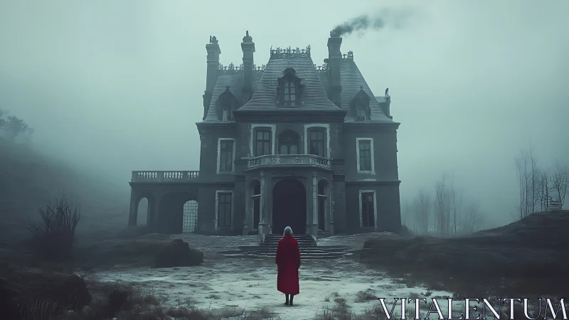 Lonely figure confronts eerie mansion in dense winter fog.