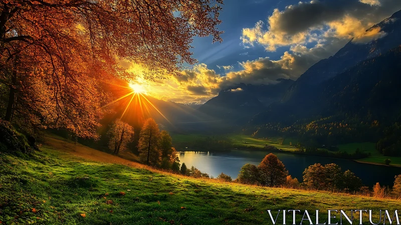 Golden sunset over autumn lake valley and distant mountains.