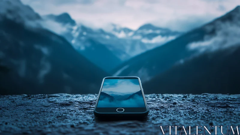Smartphone on wet stone surface before misty mountains.