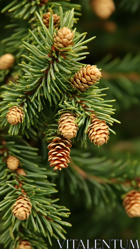 Close pine tree branch with green needles and cones.