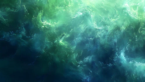 Abstract swirling ocean waves in vibrant teal and green digital art.