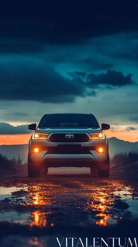 Toyota SUV on wet dirt track at dusk under dark clouds.