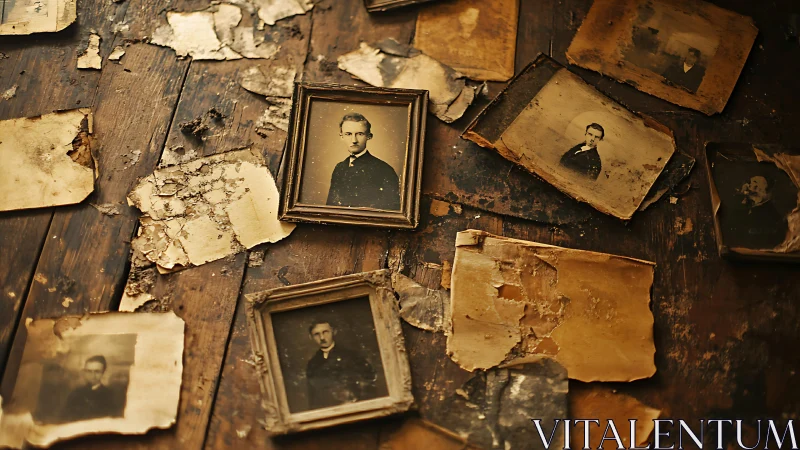 Timeworn portraits scattered across a crumbling wooden memory.
