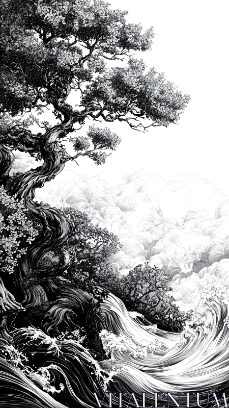 Gnarled tree stands over swirling monochrome ocean waves.