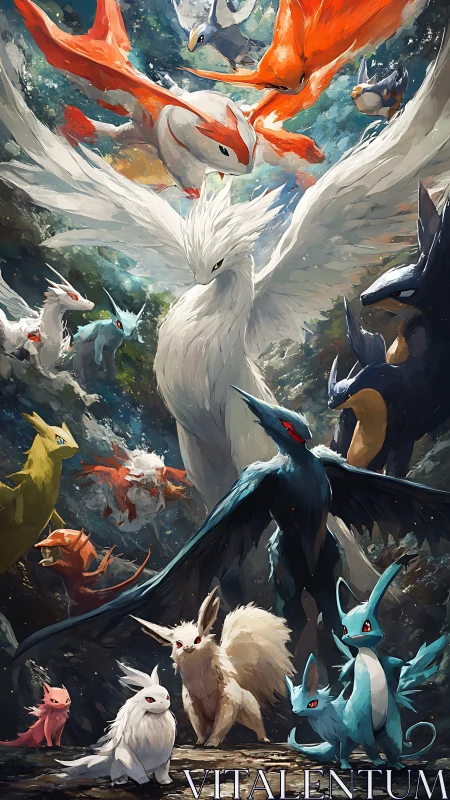 Dynamic elemental creature ensemble in vertical digital painting.