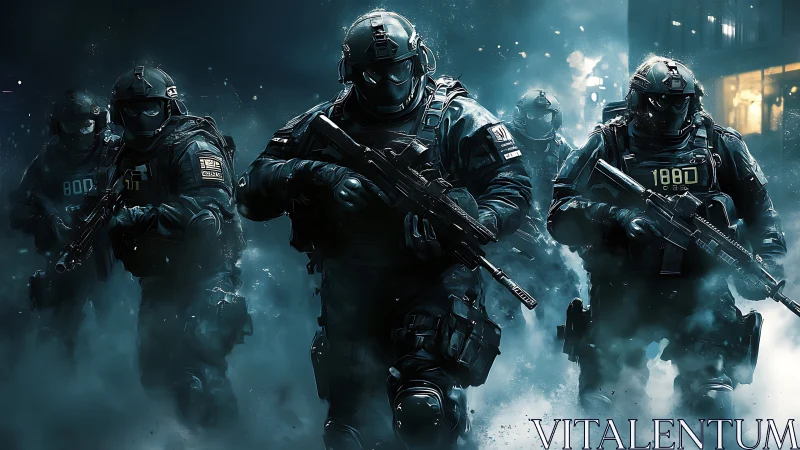 Tactical assault team advances through neon fog in cinematic detail