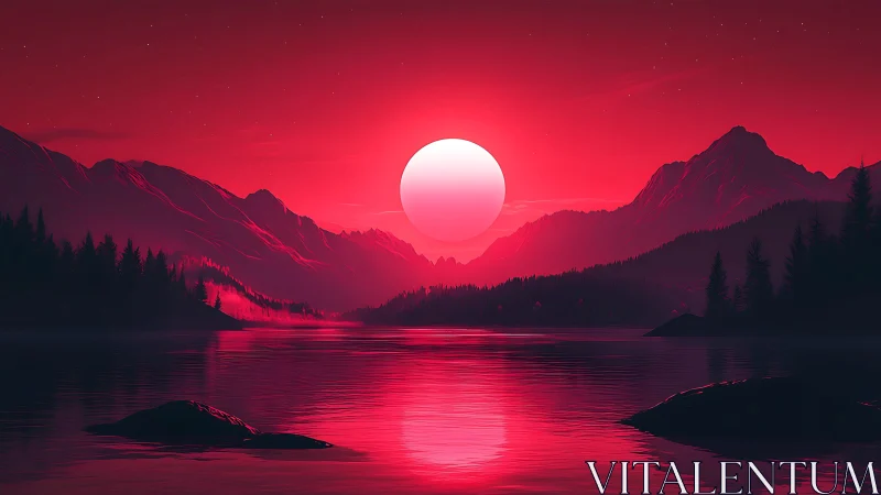 Crimson sun descends over reflective mountain lake valley