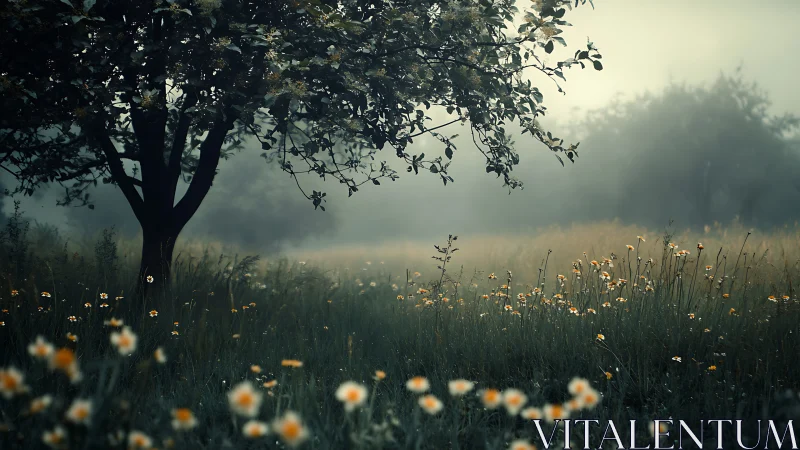 Foggy meadow landscape with solitary tree and wildflowers.