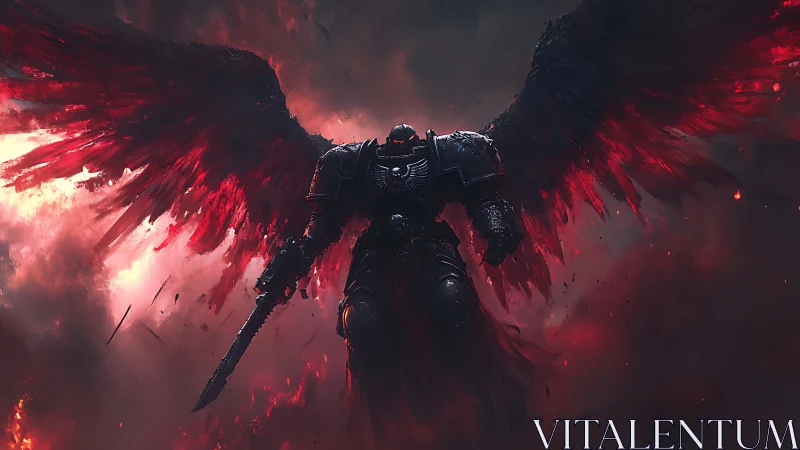 Armored angelic warrior descends amid crimson inferno clouds