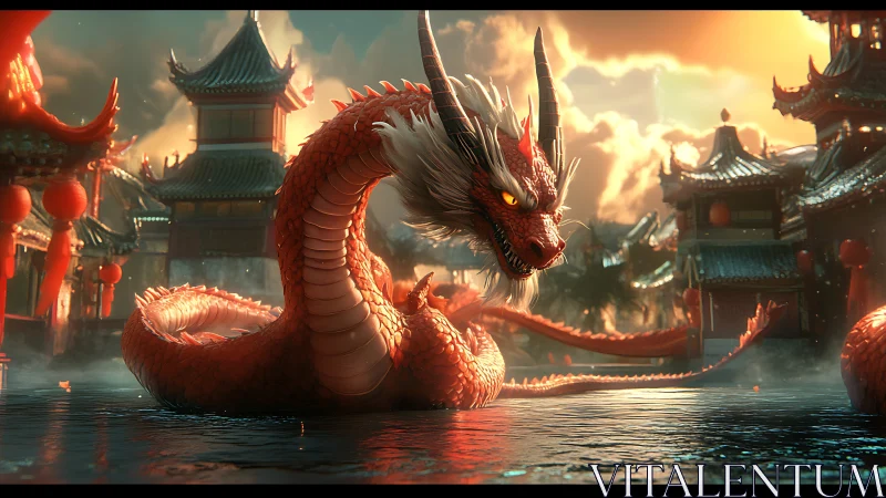 Crimson river dragon curls between lantern-lit temple towers