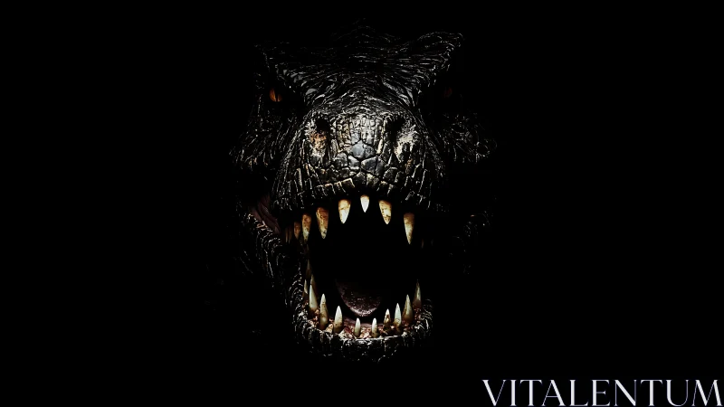 Roaring reptilian beast emerging from shadowed darkness.